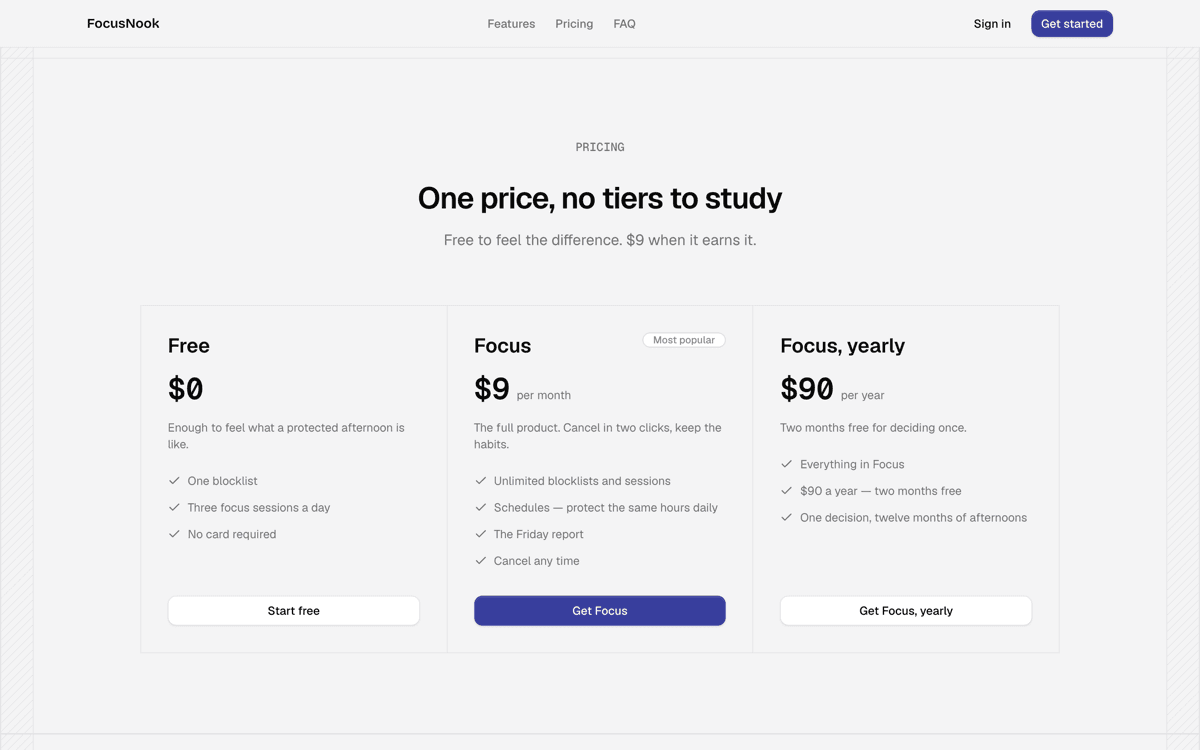 FocusNook's pricing
