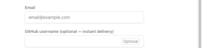 The checkout form's email field and optional GitHub username field
