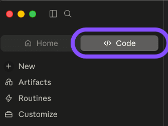 The top-left of the Claude app, with the Code button circled