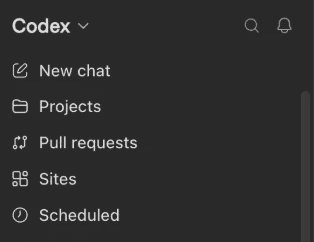 The left panel with Codex at the top and New chat below it