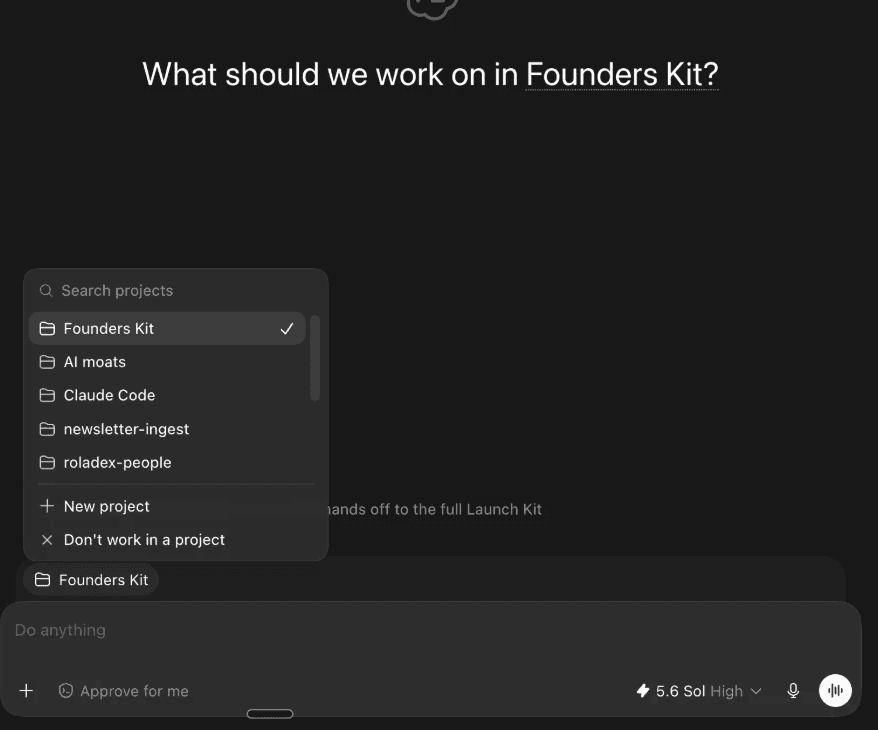 Codex with its project picker open and the kit selected