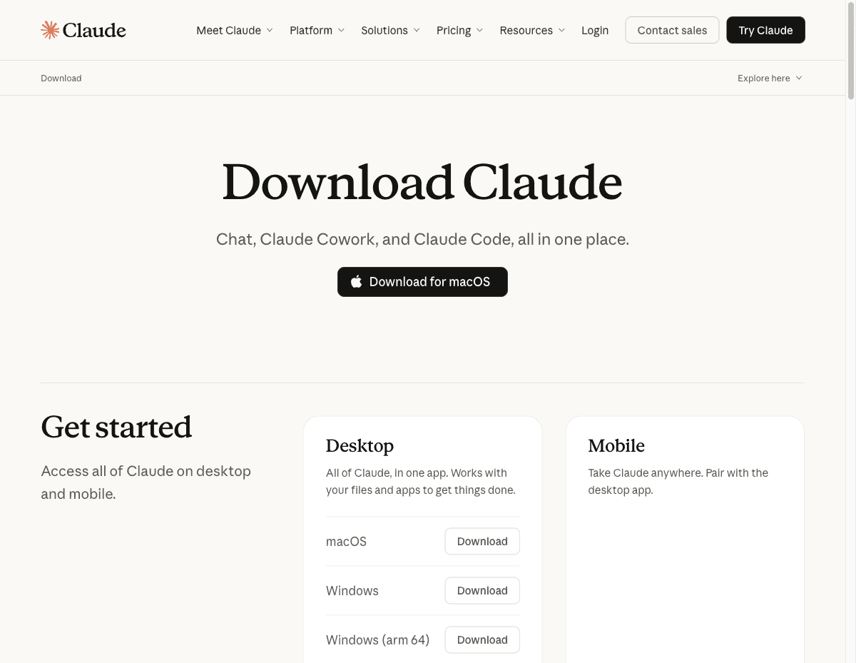 The claude.ai download page, with download buttons for macOS and Windows